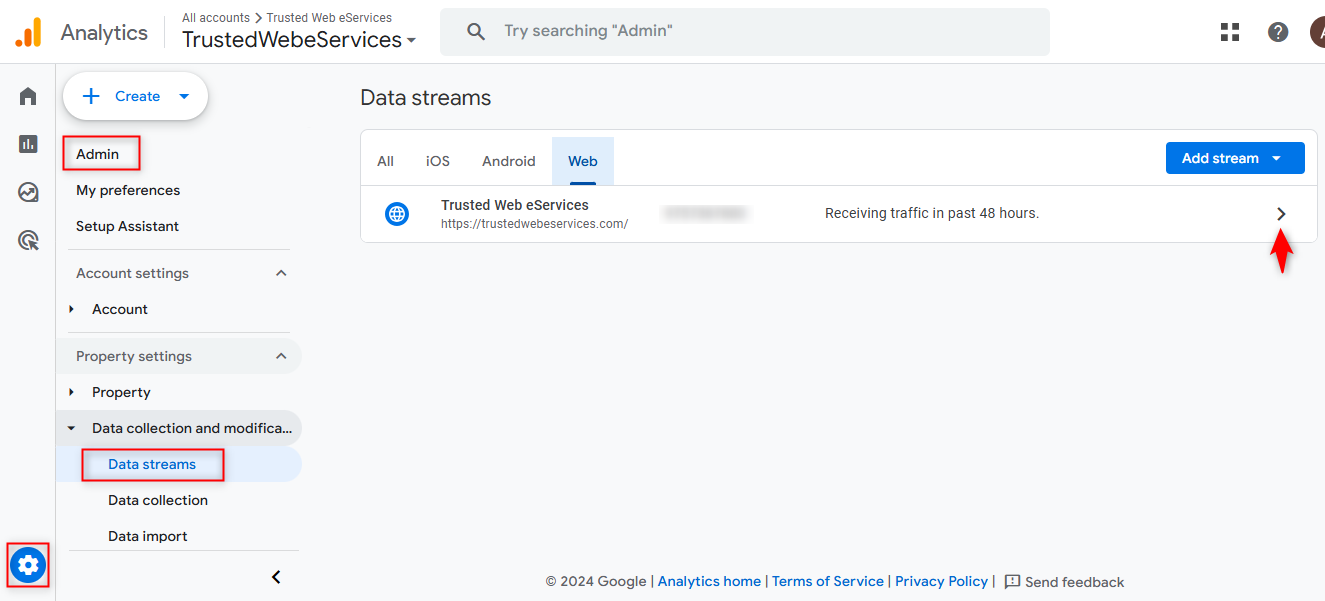 select the data stream ga4