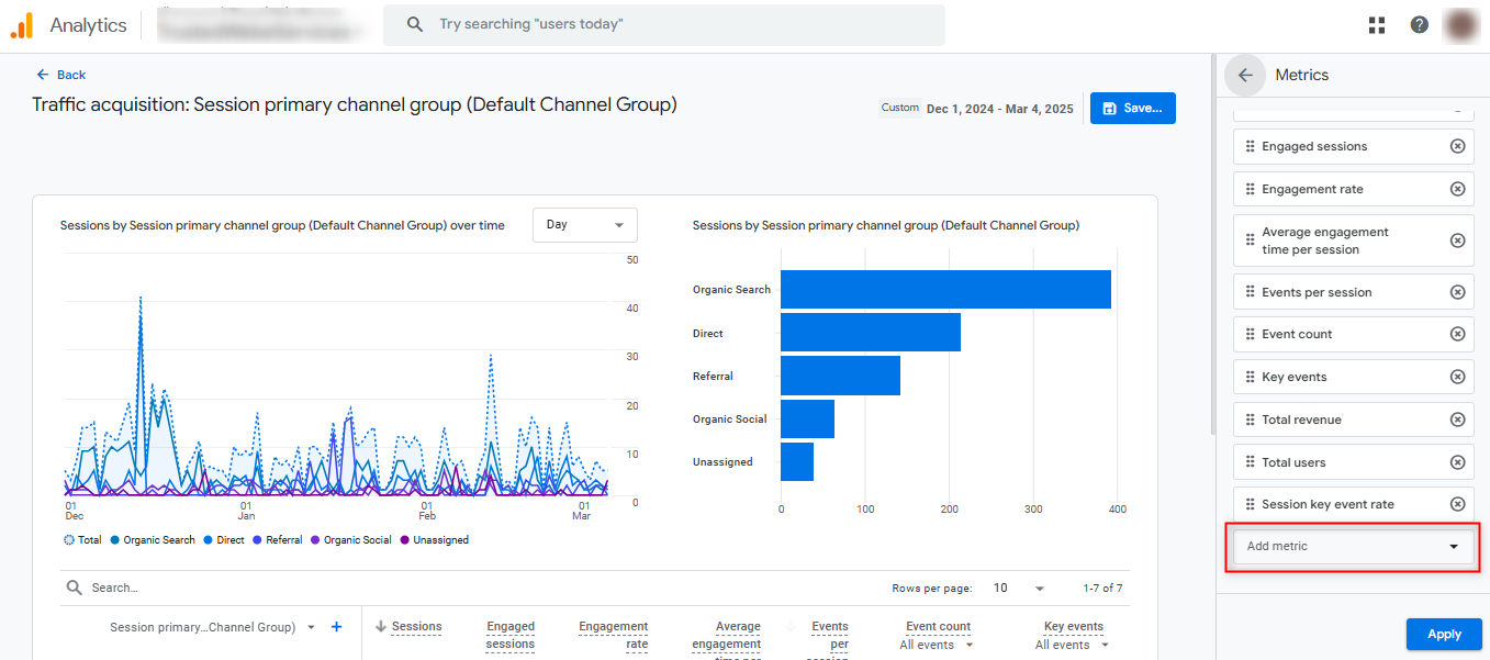 access the metrics section