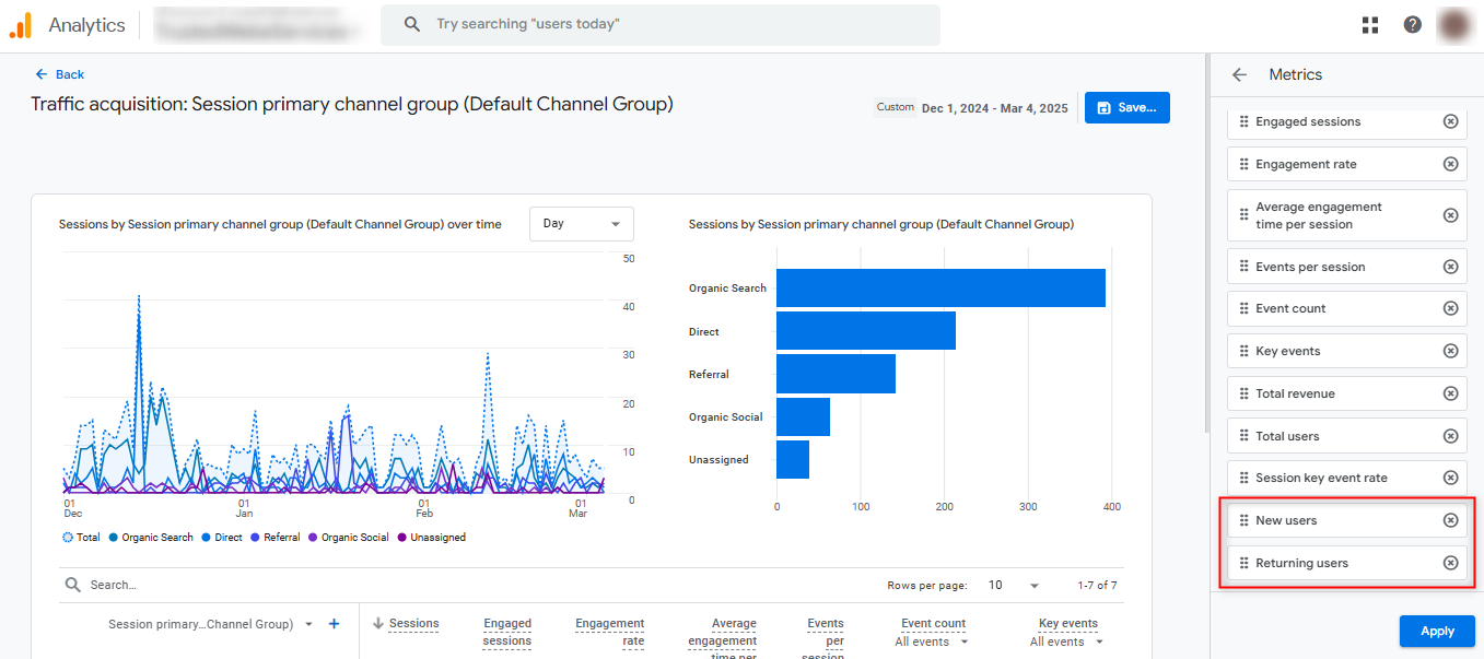 add new and returning users metrics