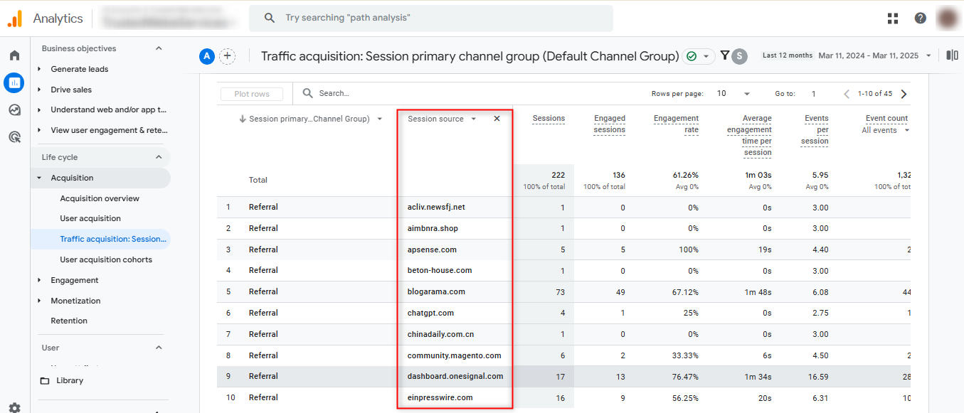 report of referral with their traffic sources